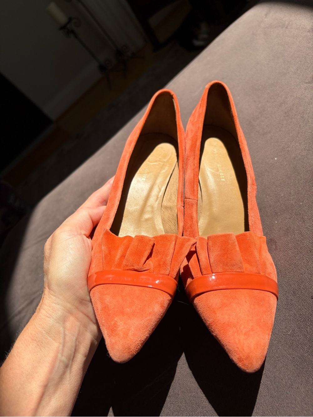 Anthropology Journee Collection Marek Ruffle Pumps Orange Faux Suede Sz 37 / 6.5